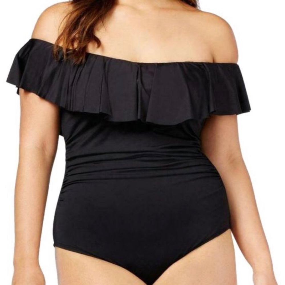 NWT La Blanca Island Goddess Ruffle Off Shoulder One Piece Swimsuit 16W